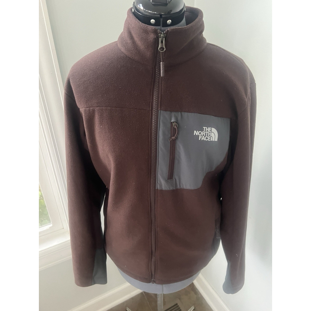 The North Face Sz S Soft Shell Brown Fleece Jacket Gray Pocket Full Zip Logo